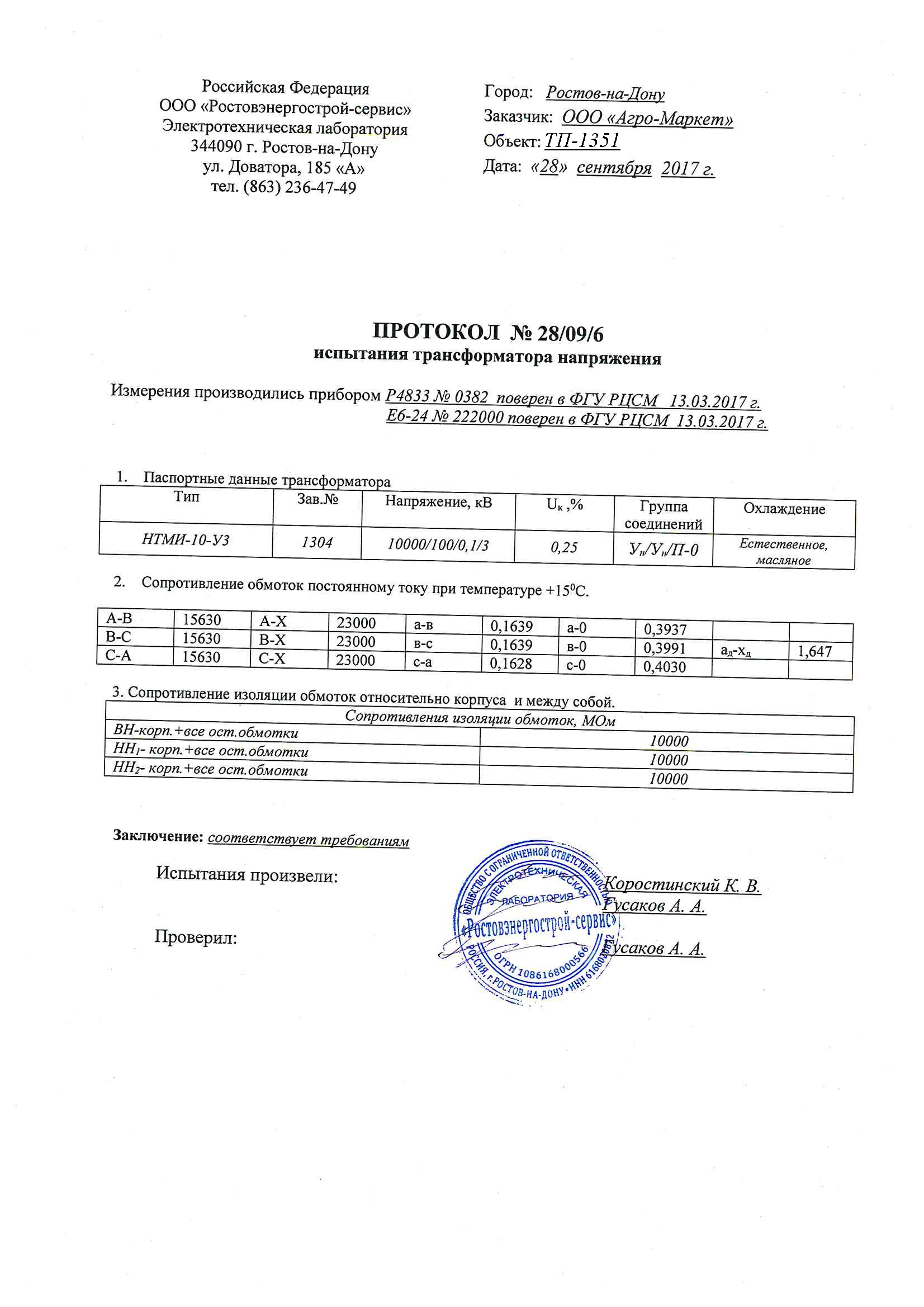 Испытание измерительных трансформаторов напряжения напряжением до 35 кВ